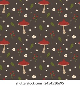 Mushrooms autumn seamless pattern. Natural trendy print. Vector illustration with fly agaric, small abstract flowers, rosehip berries and leaves. Cottagecore, goblincore aesthetics. Hand drawn style.