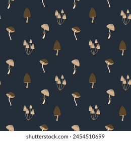 Mushrooms autumn seamless pattern. Natural trendy print. Vector illustration with morel, parasol, honey agaric. Cottagecore, goblincore aesthetics. Trendy modern art, hand drawn, flat design.