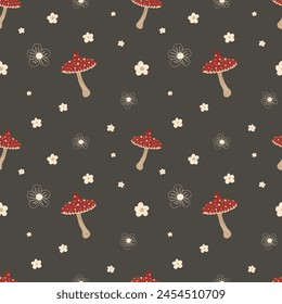 Mushrooms autumn seamless pattern. Natural trendy print. Vector illustration with fly agaric, small abstract flowers. Cottagecore, goblincore aesthetics. Trendy modern art, hand drawn, flat design.