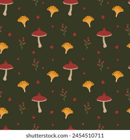 Mushrooms autumn seamless pattern. Natural trendy print. Vector illustration with fly agaric, chanterelle, red berries. Cottagecore, goblincore aesthetics. Trendy modern art, hand drawn, flat design.