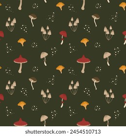 Mushrooms autumn seamless pattern. Natural trendy print. Vector illustration with fly agaric, parasol, honey agaric, chanterelle. Cottagecore, goblincore aesthetics. Trendy modern art, hand drawn.