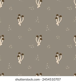 Mushrooms autumn seamless pattern. Vector illustration with shimeji. Cottagecore aesthetics.  Natural trendy print.  Modern art, hand drawn, flat design.