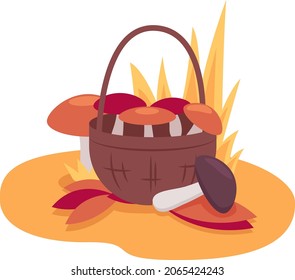 Mushrooms in basket 2D vector isolated illustration. Picking harvest. October activity. Autumnal seasonal vegetables flat composition on cartoon background. Fall season colourful scene