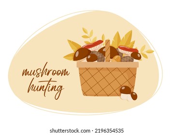 Mushrooms in a basket. Autumn forest. Vector flat illustration for web design, prints, greeting cards.