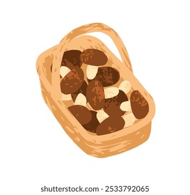 Setas en cesta. Hongos del bosque, recolectados en la cosecha de otoño en mimbre, llenos de hongos, alimentos de temporada de otoño, boletus, porcini. Ilustración vectorial gráfica plana aislada sobre fondo blanco