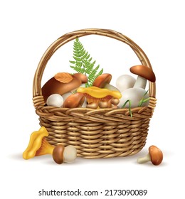 Mushrooms basket realistic concept with boletus and porcini vector illustration