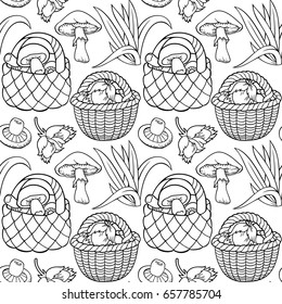 Mushrooms in baskets cartoon vector hand drawn abstract seamless pattern