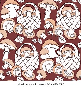 Mushrooms in baskets cartoon vector hand drawn abstract seamless pattern