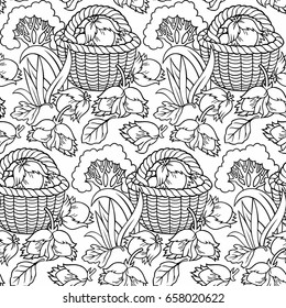 Mushrooms in baskets cartoon vector hand drawn abstract seamless pattern