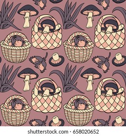 Mushrooms in baskets cartoon vector hand drawn abstract seamless pattern