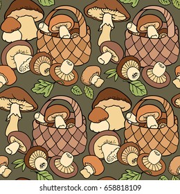 Mushrooms in baskets cartoon vector hand drawn abstract seamless pattern