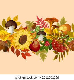 Mushrooms and berries in a pattern.Mushrooms, acorns and berries on a colored background in a vector pattern.