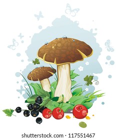 Hongos y bayas, ilustración vectorial.