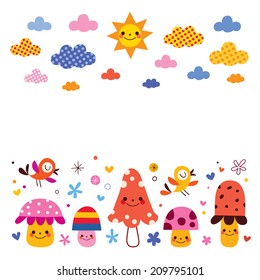 mushrooms, birds, clouds sun kids background illustration