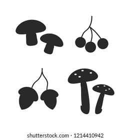 Mushrooms black silhouettes. Autumn forest objects set