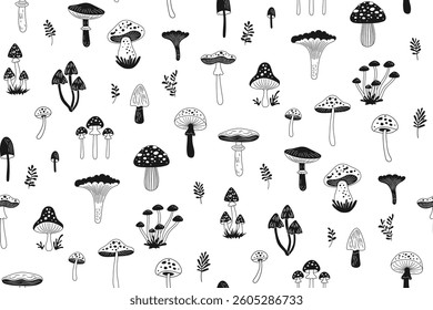 Mushrooms black and white drawn seamless pattern. Poisonous edible various doodle mushrooms boundless background. Cartoon mushrooms endless design paper print textile, wrapper backdrop vector template