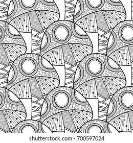 Mushrooms. Black and white illustration, seamless pattern for coloring book, pages.