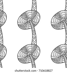 Mushrooms. Black and white illustration, seamless pattern for coloring book, pages.