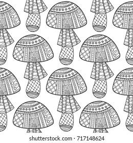Mushrooms. Black and white illustration, seamless pattern for coloring book, pages.