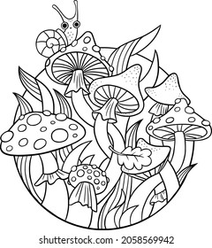 Mushrooms. Black and white vector illustration, coloring page. Amanita and a pale toadstool. Snail