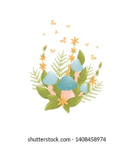 Mushrooms with blue slaps in the grass. Vector illustration on white background.