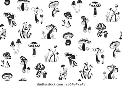 Los hongos tienen un patrón mágico sin fisuras. Poisonoso hongo psicodélico fondo negro y blanco inacabable, envoltura estilo doodle. Plantilla de ornamento de repetición de hongo mágico para volante de tela, tarjeta, postal