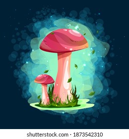 Mushrooms. Boletus. Magic drawings with mushrooms. Against a dark background with uman and fire flashers. A beautiful, mysterious sticker. Modern colors and lines.
