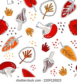 Mushrooms, boletus, morel, grass, bush and leaves drawn in one continuous line. Autumn line art seamless pattern