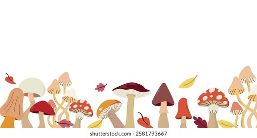 Mushrooms border. Autumn fungus card banner horizontal botanical decoration.