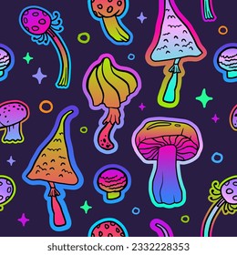 Mushrooms bright psychedelic colors seamless pattern. Mystical mushroom, magic ,  witchy esoteric objects vector outline illustration for web, video games, user interface, design textil printing.