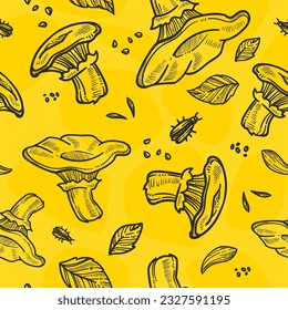 Mushrooms and bugs on ground, leaves from trees of forest or woods. Organic and natural ingredients, products for eating. Seamless pattern, wallpaper background or print. Vector in flat style