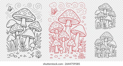Mushrooms and Butterflies Coloring Page Set – Black and White Nature Illustrations for Kids and Adults – Whimsical Forest Designs for DIY Crafts, Activity Books, and Printable Art

