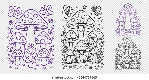Mushrooms and Butterflies Coloring Page Set – Black and White Nature Illustrations for Kids and Adults – Whimsical Forest Designs for DIY Crafts, Activity Books, and Printable Art

