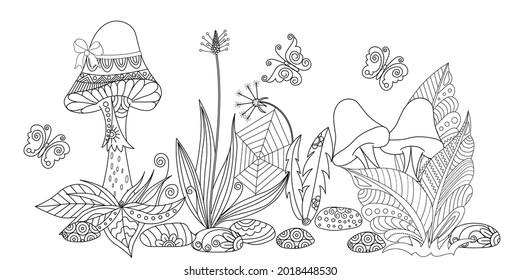 Mushrooms, butterflies and plants with a doodle pattern on a white background. Anti-stress coloring book for children and adults