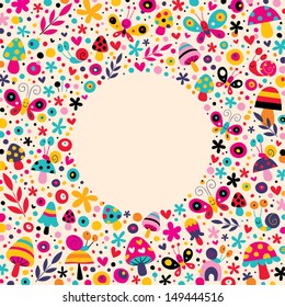 mushrooms, butterflies, snails, flowers nature circle frame