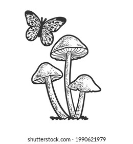 Mushrooms and butterfly line art sketch engraving vector illustration. T-shirt apparel print design. Scratch board imitation. Black and white hand drawn image.