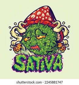 Mushrooms hojas de cannabis letras a mano sativa ilustraciones vectoriales de mascota para tu logo de trabajo, camisetas de mercadería, pegatinas y diseños de etiquetas, afiches, tarjetas de felicitación compañía de negocios