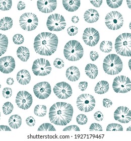 Mushrooms caps hand drawn linocut seamless vector pattern. Mushroom tidewater green colours for printing, fabric, textile, manufacturing, wallpapers. Linocut vector mushroom seamless pattern.