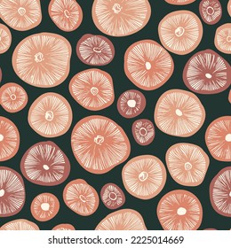 Mushrooms caps hand drawn linocut seamless vector pattern. Linocut vector mushroom seamless pattern.