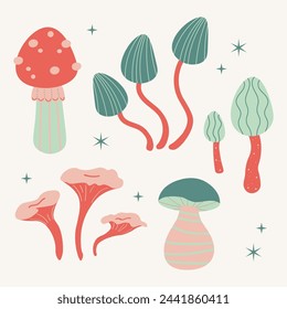 Mushrooms card background hand drawn cartoon vector illustration on isolated background. Poisonous and edible mushroom, chanterelle, cep, amanita, forest wild mushrooms types, stars, magic symbol