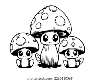 Mushrooms in cartoon black and white style for coloring. Vector illustration	