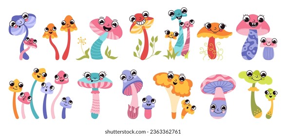Mushrooms and cartoon faces set  Caricature comic emotions funny poisonous   edible mushrooms expressive eyes   smiling mouth  Psychedelic fungus emoticon doodle retro cute joy characters vector