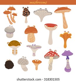 Mushrooms cartoon set: honey agaric, porcini, chanterelle, brown-cap boletus, black truffle, field mushroom, saffron milk cap, morel, shiitake, milk mushroom, russula, oyster, toadstool, amanita
