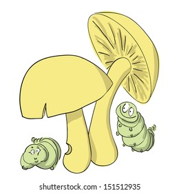 Mushrooms and caterpillars. Vector illustration.