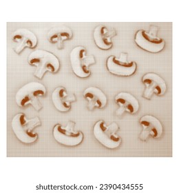 Mushrooms champignons, cut half, many, from brown circle dots of different sizes on white background