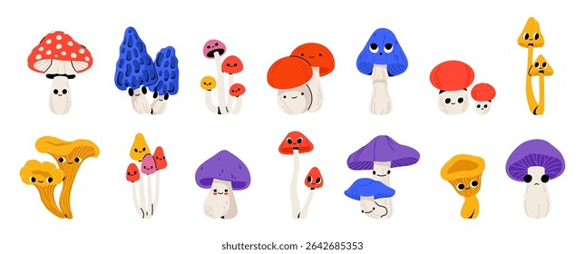 Mushrooms character. Cute kawaii forest fungi with funny faces, cartoon autumn edible and poisoning mushroom plant characters with emotions. Vector isolated shrooms fungus set.