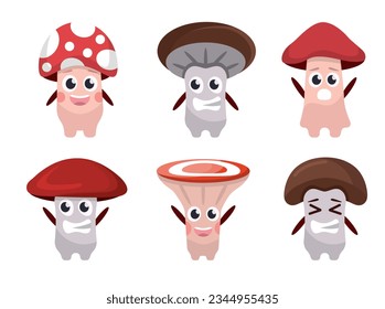 mushrooms characters. cartoon cute funny childish characters mushrooms different emoji, chanterelles, amanita, champignons, porcini, boletus. vector cartoon flat characters set of isolated objects.