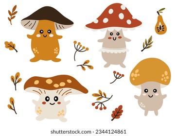 Mushrooms characters. Funny anthropomorphic fungi. Cartoon edible and poisonous forest organisms with faces and hands. Autumn leaves and berries. Vector woodland