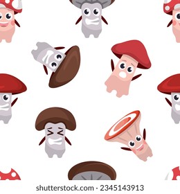 mushrooms characters pattern. chanterelles, amanita, champignons, porcini, boletus, cartoon cute funny childish characters mushrooms different emoji. vector cartoon flat characters seamless pattern.