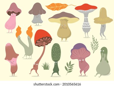 Mushrooms charscters set. Fictional whimsical cute mushrooms. Game design cartoon characters. Fairy tale characters, Hand drawn illustrations . Anthropomorphism art